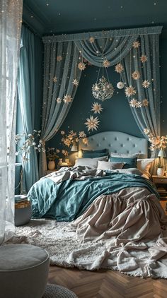 Dark Teal Bedroom Teal Room Ideas Bedrooms, Dark Whimsical Bedroom, Turquoise Bedroom Ideas For Adults, Dark Teal Walls, Dark Teal Bedroom Ideas, Teal Bedroom Walls, Dark Teal Bedroom, Teal Bedroom Ideas, Magical Bedroom