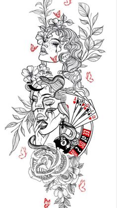 a drawing of a woman with flowers and playing cards in her hand, on a white background