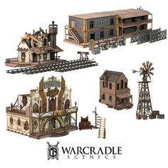 several different types of buildings and structures for the game warcade science's logo