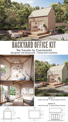 the backyard office kit is shown in three different views, including an open floor plan and two