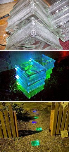 several different pictures of glass blocks in the ground and on the ground, one is glowing green