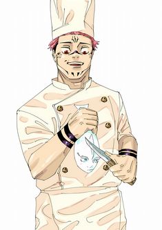 a drawing of a man in a chef's uniform holding a pair of scissors