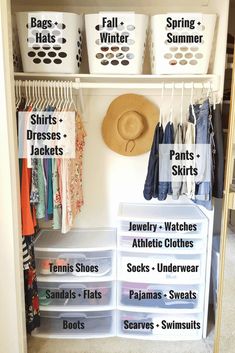 an organized closet with clothes, hats and other items on the shelves that are labeled