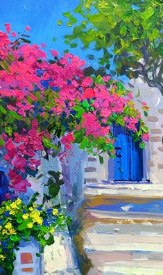 an oil painting of pink flowers and blue doors