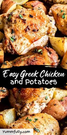 easy greek chicken and potatoes recipe with text overlay