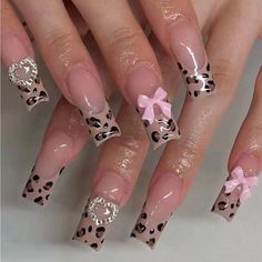 Brown French, Square Press On Nails, Leopard Print Nails, Pink Leopard Print, Stick On Nails, Rhinestone Heart, Accent Nails, False Nail, Rhinestone Designs