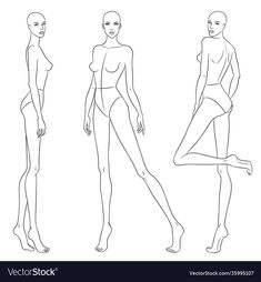 three female mannequins in different poses for the body and head line drawing