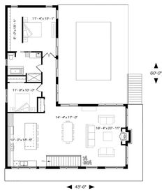 the floor plan for a small house with an open living room and dining area in it