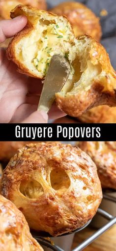 there is a person holding a pastry in their hand with the words gruyere podovers on it