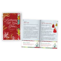 an open christmas book with bells hanging from the front and back pages, on a white background