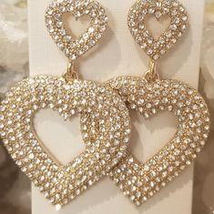 Gold Plated 90s Style Crystal Rhinestones Heart Hoop Earrings Approximately 2 Inches Lightweight New With Tags Sunburst Cards, Crystal Statement Earrings, Flower Earrings Gold, Half Moon Earrings, Enamel Stud Earrings, Heart Hoop Earrings, Rhinestone Heart, Blue Gems, 90s Style