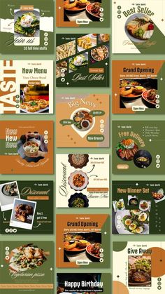 an assortment of food brochures with different pictures on the front and back cover