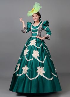 Women Green Rococo Baroque Ball Gown Dress Condition: Brand New  Color:Green  Material: This dress made of High Quality Satin, soft,smooth and comfortable to wear  Sleeve Length: Half Sleeve  Dresses Length:Floor Length  Neckline:  Square Collar  Decoration: Ruffles + Lace  Package Includes:  Dress + Hat    The length of skirt about 45 inches (114 cm) long from waist to hem regardless of size. This dress is pictured with a 6-hoop skirt Petticoat underneath to achieve the look. Petticoat are Victorian Carnival, 18th Century Green Dress, Green Rococo Dress, Flower Half Sleeve, Blue Baroque Dress With Historical Design, Blue Vintage Baroque Dress, 1780s Italian Gown, Masquerade Party Dresses, Rococo Baroque