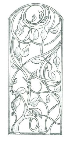 a drawing of an ornate window with flowers and leaves in the center, on a white background