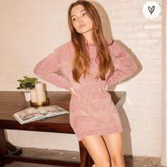 Adorable Dusty Pink Sweater Dress With Tags. Slightly Oversized. Sweater Dress Pink, Pink Sweater Dress Outfit Boots, Pink Fall Dress, Pink Aesthetic Clothing, Pink Sweater Dress Outfit, Dusty Pink Outfit, Dusty Pink Outfits, Dusty Pink Sweater, Chenille Dress