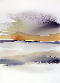 an abstract painting with white, yellow and purple colors on the bottom half of it