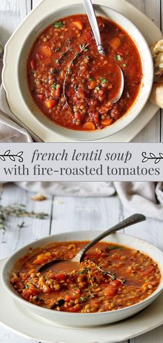 a bowl of french lentil soup with fire - roasted tomatoes is shown in two different views