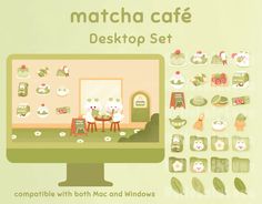 a computer screen with some cats sitting at a table in front of it and the words matcha cafe desktop set