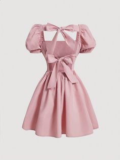 Pink Solid Color Back Bow Tie Decor Ladies' Dress Pink Casual  Short Sleeve Woven Fabric Plain A Line Non-Stretch  Women Clothing, size features are:Bust: ,Length: ,Sleeve Length: Short Pink Dress With Sleeves, Pink Dress Bow, Short Dress With Bow, Tie Decor, Cotillion Dresses, Baby Pink Dress, Halloween Costume Design, Pink Bow Dress, Baby Pink Dresses