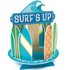 there is a surf board holder on top of a stand that says surf's up