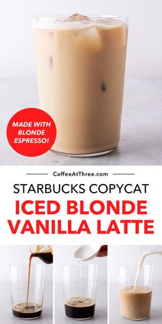 starbucks iced vanilla latte with instructions to make it at home and in the kitchen