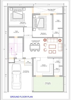 the ground plan for a house with an attached garage and living room, as well as a