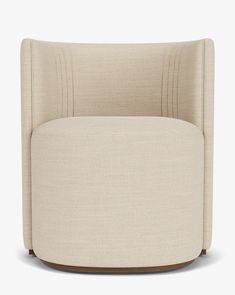 an upholstered chair with a wooden base and beige fabric on the back, in front of a white background