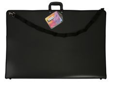 a black briefcase with an id tag attached to the handle and strap around it's sides