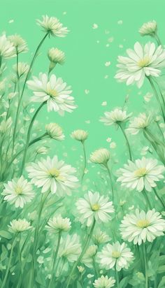 a painting of white daisies on a green background