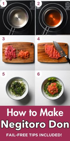 Step-by-step visual guide showing tuna sashimi bowl preparation from sauce making to final presentation with green garnishes in traditional Japanese style Tuna Bowls, Sauce Recipe, Home Cooking, Level Up, Super Easy, Comfort Food, Need To Know, Sauce, Tools