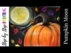 an acrylic painting of a pumpkin with the moon and stars in the background