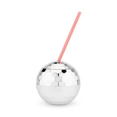 a silver ball with a pink straw in it