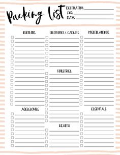 a printable packing list with the words packing life on it