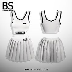 a white tennis skirt and top with black accents on the bottom, in front of a gray background