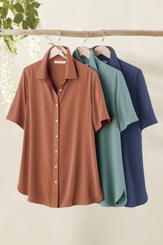 A bestseller for its softness, beautiful drape and casual versatility, our button-front Bistro Shirt is back with a refined feminine fit and longer length. Straight hem with rounded side slits. Imported. | Women's Bistro Shirt - Copper - XS Draped Blouse, Knit Denim, Beautiful Drapes, Coldwater Creek, Clothing Rack, Petite Size, Thyme, Shirt Top, Fashion Pants