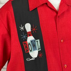 *FREE SHIPPING IN THE CONTINENTAL UNITED STATES ON ALL BOWLING SHIRTS This loose, comfortable, and airy "Lucky Strike" PopCheck Double Panel Bowling Shirt in Red/Black is great for all you cool cats and bowling lovers out there! It features an embroidered, retro styled, bowling pin on a single black panel on a red polyester shirt. Years ago I made my own coffee table from a section of a real bowling alley floor I got from an underground bowling alley in Denver, CO that closed down. I painted thi Red Retro Shirt With Relaxed Fit, Bowling Alley Floor, Retro Red Relaxed Fit Shirt, Jordan Clothes, Emo Design, Bowling Button Up Shirt, Bowling Shirt Design, Womens Bowling Shirts, Bowling League Shirts