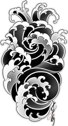 an artistic black and white tattoo design with swirls on the back of its arm