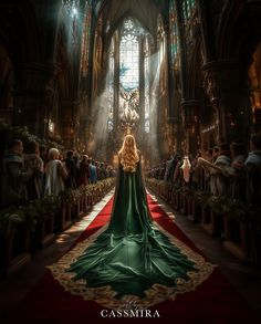 a woman in a green dress stands at the end of a church aisle as people look on