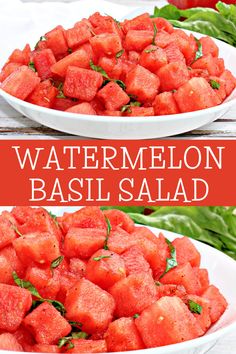 watermelon basil salad in white bowls on a wooden table with text overlay