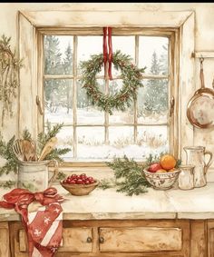 a painting of a kitchen window with wreaths on the windowsill