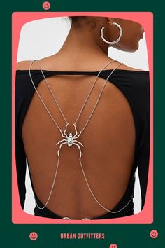 Slinky chain body jewelry in a harness silhouette complete with rhinestone detailing. Features Spider body chain Statement spider chain harness Rhinestone detailing Content + Care Mixed metal, glass Avoid contact with water Imported | Spider Body Chain in Silver, Women's at Urban Outfitters Womens Body Jewelry, Metal Chain Body Jewelry For Night Out, Halloween Party Jewelry With Chain Detail, Halloween Party Jewelry With Chain, Party Clavicle Body Chain, Adjustable Chain Lariat Body Jewelry For Parties, Delicate Chain Lariat Body Jewelry For Party, Silver Jewelry With Adjustable Chain For Night Out, Party Lariat Chain Body Jewelry