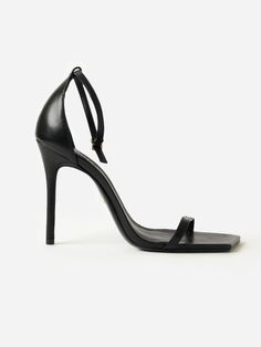 DESCRIPTION:With a square toe, single strap, and adjustable ankle strap, this stiletto heel is the perfect finishing touch for any evening ensemble.FEATURES:Open ToeSingle StrapAdjustable Ankle Strap100% LeatherHeel Height: 4.4 in. Sleek Evening Sandals With 4-inch Heel, Fitted Heels With Single Toe Strap For Date Night, Sleek Ankle Strap Heels For Date Night, Sleek Fitted Sandals With Padded Heel, Fitted Heels With Single Toe Strap For Night Out, Formal Ankle Strap Heels With Wrapped Heel, Sleek Fitted Sandals With Block Heel, Sleek Fitted Sandals With Heel Strap, Sleek Block Heel Sandals