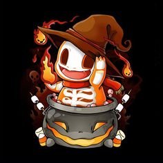 an orange and white cartoon character in a witches hat holding a caulder with flames coming out of it