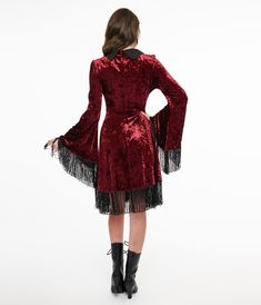 Crafted from sumptuous red velvet, this dress from Lively Ghosts wraps you in warmth and style, perfect for any occasion where you want to stand out. The playful black fringe on the cuffs and hem adds a whimsical touch, while the chic contrast collar elevates your look to new heights. With long sleeves that keep you cozy and a convenient back zipper for easy dressing, you'll feel as fabulous as you look!Available in sizes XS-3X while supplies last. Velvet Fringe, Moon Dress, Easy Dressing, Black Fringe, Contrast Collar, The Chic, Simple Dresses, Unique Vintage, Red Velvet