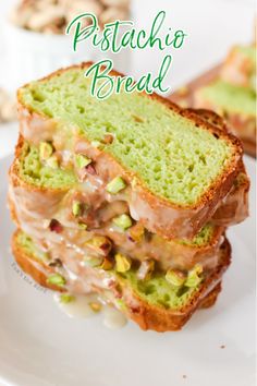 a close up of a sandwich on a plate with the words pistachio bread