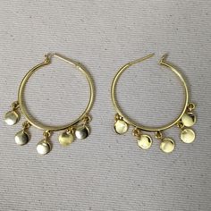 The coin hoop earrings Brass Goldtoned Inner diameter ~1.7 inches Weightless Yellow Gold Hammered Metal Hoop Earrings, Modern Gold Plated Dangle Hoop Earrings, Modern Gold Plated Hoop Earrings, Hammered Gold-plated Small Hoop Earrings, Small Hammered Gold-plated Hoop Earrings, Small Gold Plated Hammered Hoop Earrings, Hammered Yellow Gold Dangle Hoop Earrings, Modern Nickel-free Brass Hoop Earrings, Yellow Gold Dangle Hoop Earrings With Hammered Texture