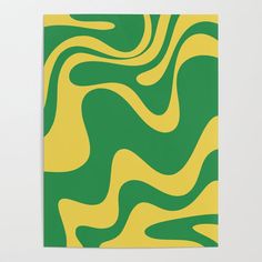 a green and yellow abstract painting with wavy lines on the bottom half of the image