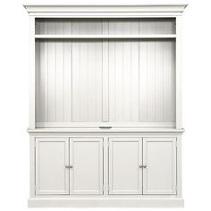 a white bookcase with two doors and drawers