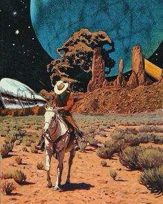 a man riding on the back of a brown horse next to a giant blue moon