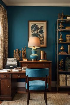 a blue chair sitting in front of a wooden desk